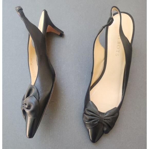 TALBOTS Jodee Black Leather Size 7M Shoes Bow Pointy Toe Slingback Kitten Heels - Picture 4 of 11